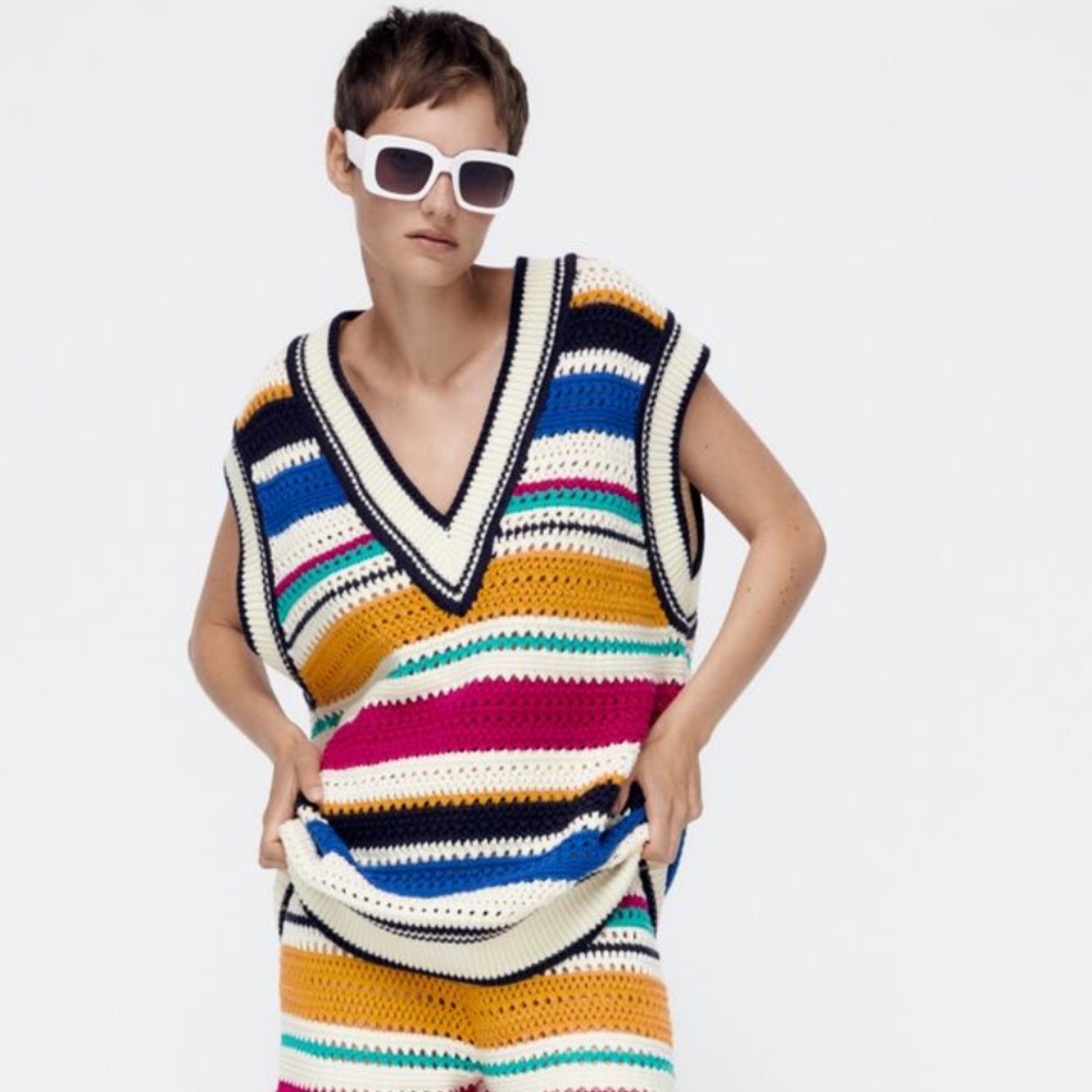 Zara Multicolor Striped Crochet V-Neck Sweater Vest - Cream, Blue, Yellow, Pink